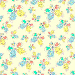 Vector seamless pattern with insect Hand drawn outline decorative endless background with cute drawn butterfly Graphic illustration. Line drawing. Print for wrapping, background, decor
