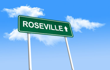 Road sign - Roseville. Green road sign (signpost) on blue sky background. (3D-Illustration)
