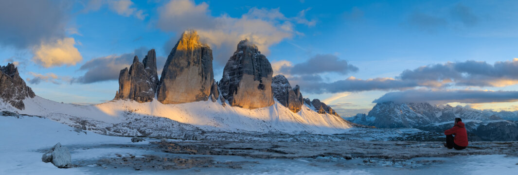 Man,Tre Cime di Lavaredo, the north face,dolomites,alps,veneto,alto adige,italy