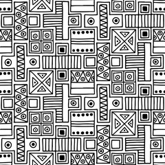Seamless vector pattern. Black and white geometrical background with hand drawn decorative tribal elements. Print with ethnic, folk, traditional motifs. Graphic vector illustration.