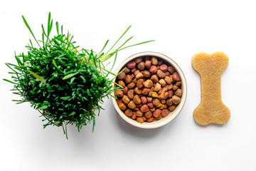 dry dog food in bowl on white background top view