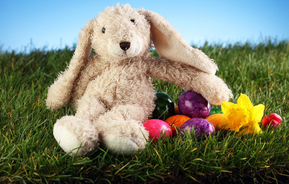 Sugar rabbit and easter eggs on meadow.