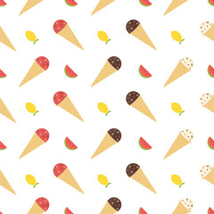 Background with ice cream and Background with ice cream and slices of watermelon and lemons. Seamless pattern.