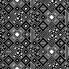 Seamless vector pattern. Black and white geometrical background with hand drawn decorative tribal elements. Print with ethnic, folk, traditional motifs. Graphic vector illustration.