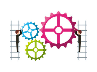 people with gear wheels over white background. teamwork concept. colorful design. vector illustration