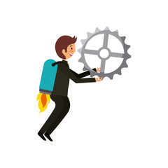 man holding a gear wheel over white background. teamwork concept. colorful design. vector illustration