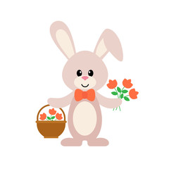 cartoon bunny with a basket and flowers set