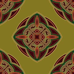 Colourful ethnic seamless pattern background in green and burgundy, orange colors