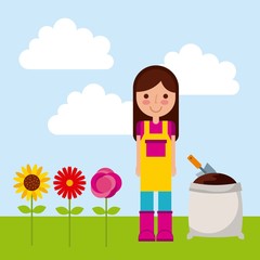 gardener woman cartoon icon over landscape background. colorful design. vector illustration