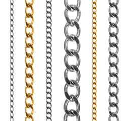 Set of gold and silver chains isolated on white background