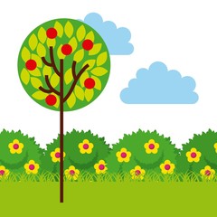 garden with beautiful flowers and tree. colorful design. vector illustration