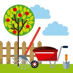 gardening equipment over landscape background. colorful design. vector illustration