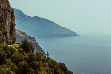 View over Amalfi Coast line coast disappears in the haze