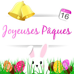 Fototapeta premium joyeuses pâques 16 avril - lapin - oeufs - cloches