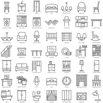 Room furniture linear icons set