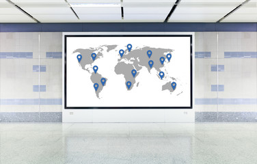 Worldwide business or travel destinations concept, world map, digital board