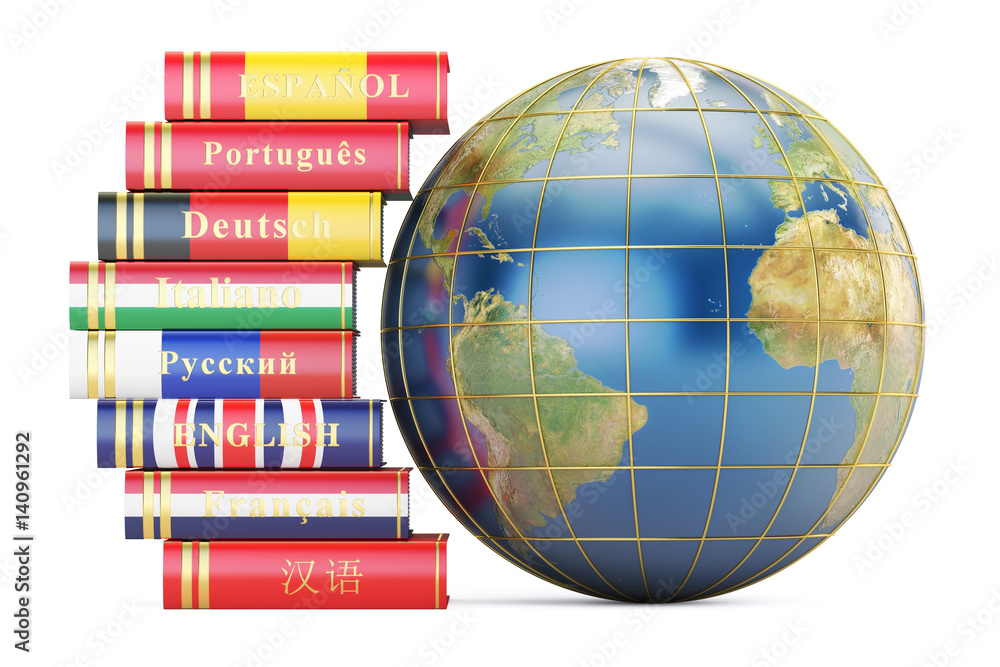 Poster e-learning concept, dictionaries with globe earth. 3d rendering