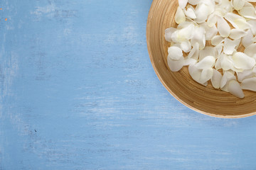 Petals of white roses on blue painted rustic background. Fresh natural flowers in bowl. Dirty grunge wooden board.