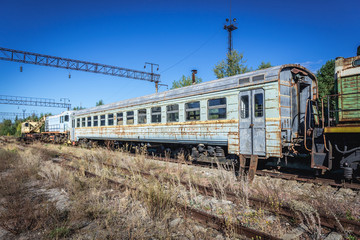 Obraz premium Train on deserted Yaniv railroad station near Pripyat city in Chernobyl Exclusion Zone, Ukraine
