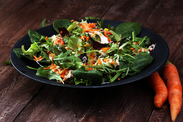 Fresh diet fitness salad of daikon radish, carrots, flax seeds, arugula. Vegan cuisine.