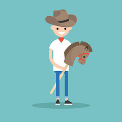 Young blond boy wearing cowboy hat and riding hobbyhorse / flat editable vector illustration