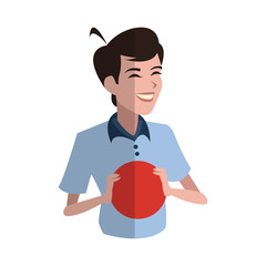 boy holding a bowling ball over white background. colorful design. vector illustration