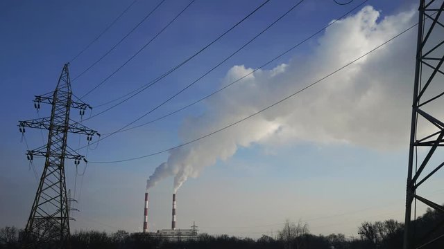 power lines and pipe smoke power plant timelapse