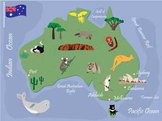 Fototapeta premium Australian map with animals and landmarks