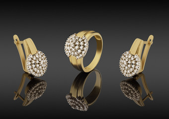 gold ring and earrings with diamonds