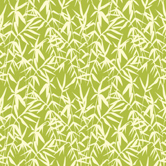 Bamboo seamless pattern on green background in japanese style, light fresh leaves, zen-like realistic design, vector illustration