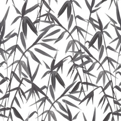 Bamboo seamless pattern on green background in japanese style, light fresh leaves, black and white realistic design, vector illustration
