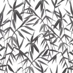 Photo sur Plexiglas Style japonais Modèle sans couture de bambou sur fond vert dans un style japonais, feuilles fraîches légères, design réaliste noir et blanc, illustration vectorielle