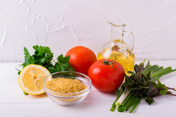 Ingredients for Tabbouleh green salad.  vegetarian concept
