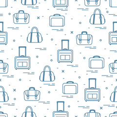 Cute seamless pattern with different bag and suitcases for travel. Summer time, vacation.