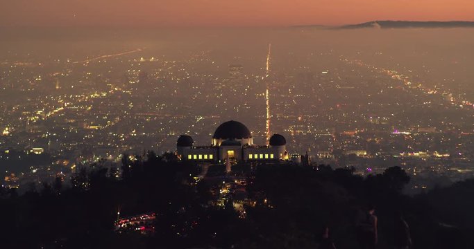 Griffith Observatory at sunset, wide shot Los Angeles cityscape