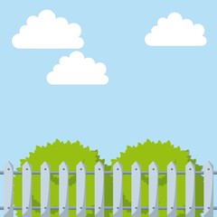white fence and green bushes over sky background. colorful design. vector illustration