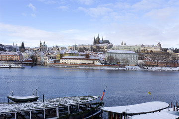 Snowy freeze Prague Lesser Town with gothic Castle, Czech republic