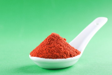 Ground red pepper in a white spoon on a green background