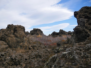 Fototapeta na wymiar Tuffsteinformation im Lavafeld Dimmuborgir am Mývatn-See in Island