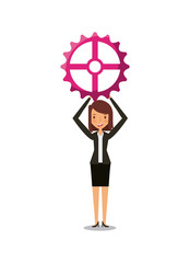 woman with gear wheel icon over white background. teamwork concept. colorful design. vector illustration