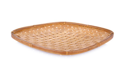 empty bamboo flat basket on white background