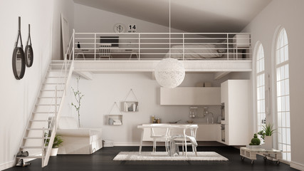Scandinavian minimalist loft, one-room apartment with white kitchen, living and bedroom, classic interior design