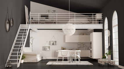 Scandinavian minimalist loft, one-room apartment with white kitchen, living and bedroom, classic interior design design