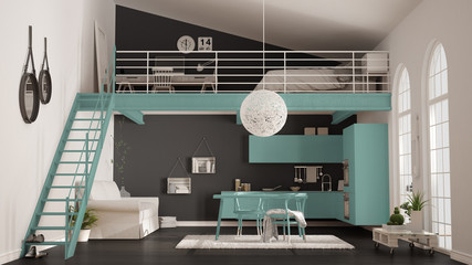 Scandinavian minimalist loft, one-room apartment with turquoise kitchen, living and bedroom, classic interior design