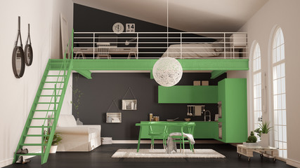 Scandinavian minimalist loft, one-room apartment with green kitchen, living and bedroom, classic interior design