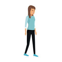 young woman with blue shirt cartoon icon over white background. colorful design. vector illustration