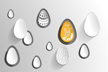 Vector paper art of Easter eggs cut from paper with different patterns on the gradient gray background.