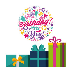 happy birthday card with gift boxes over white background. colorful design. vector illustration