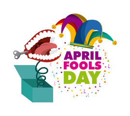 april fools day card with jester hat icon over white background. colorful design. vector illustration