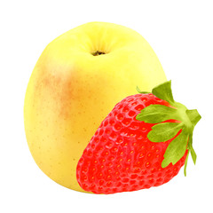 Isolated Fruits. one apple and one strawberry isolated on white background with clipping path.
